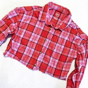 Wonder Nation Girls Flannel Cropped 6 6X Plaid pink Orange Long Sleeve